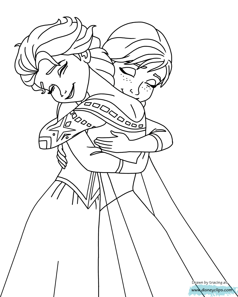 Frozen coloring page with few details for kids : Anna & Elsa