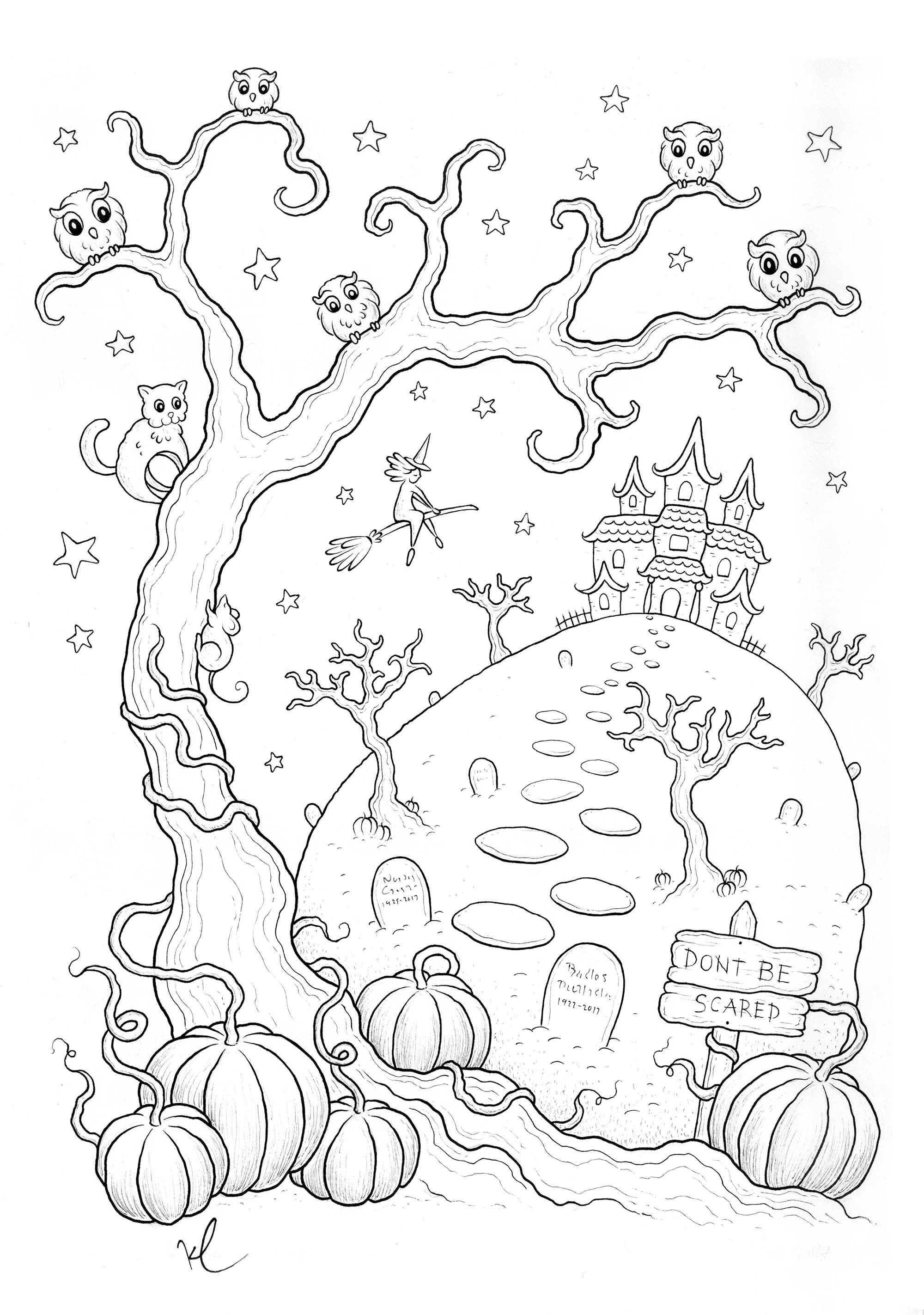 Halloween haunted house to color, by Konstantinos Liaramantzas. Designed by Konstantinos Liaramantzas, this coloring page represents a haunted house in a Halloween night landscape.The details are very fine, it will be a real pleasure to give life and colors to this drawing.