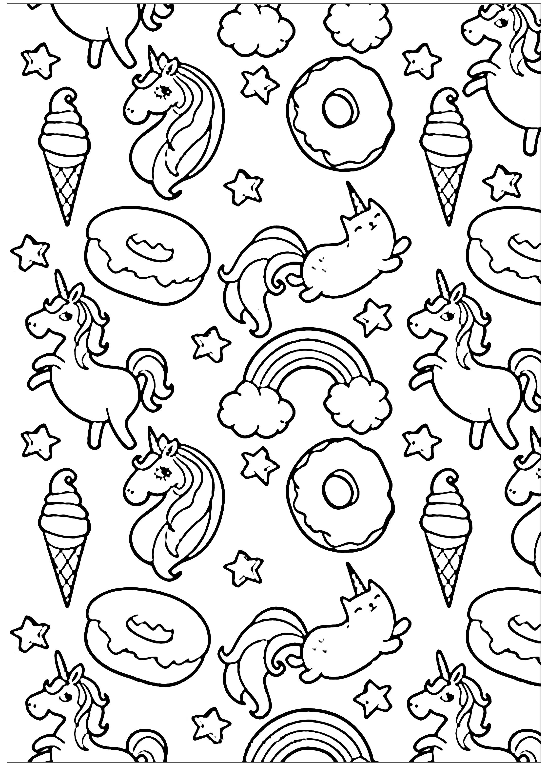 Pusheen-donuts-et-licornes - Kawaii Kids Coloring Pages