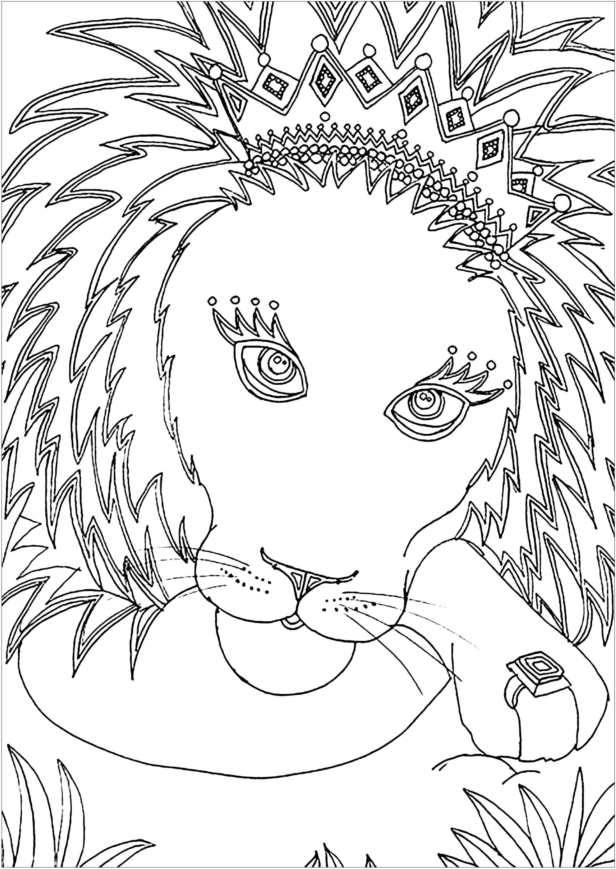 Pretty lion with a crown - Lion Kids Coloring Pages