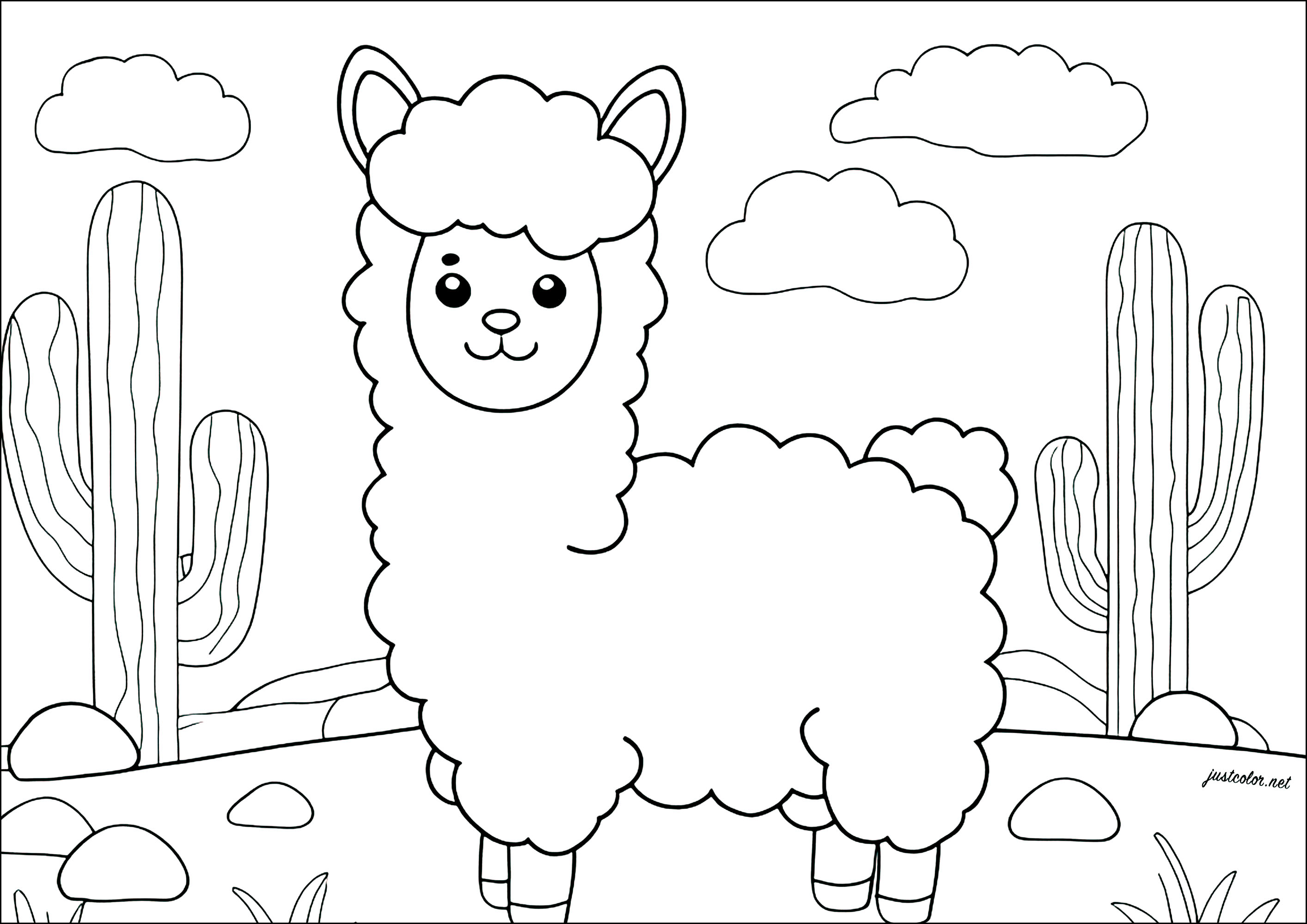 Lama in the desert - Llamas Coloring Pages for Kids