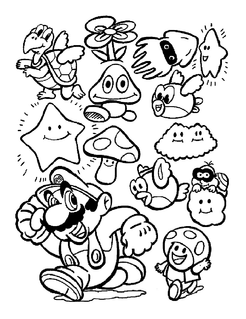 Mario , Bonus and monster of the games - Mario Bros Kids Coloring Pages