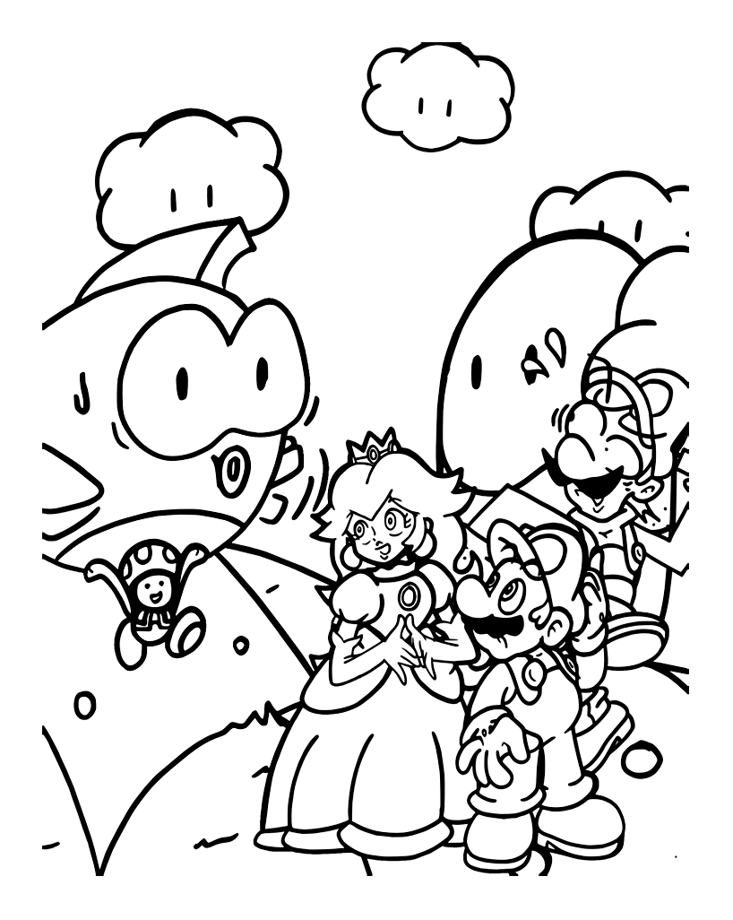 Mario with , Princess and Luigi - Mario Bros Kids Coloring Pages