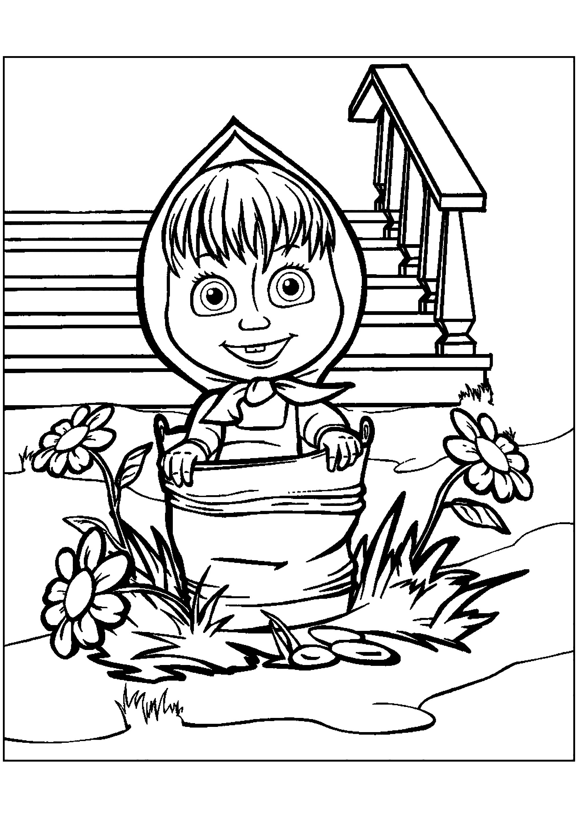 Masha in a bucket of water - Masha and The Bear Coloring Pages for Kids