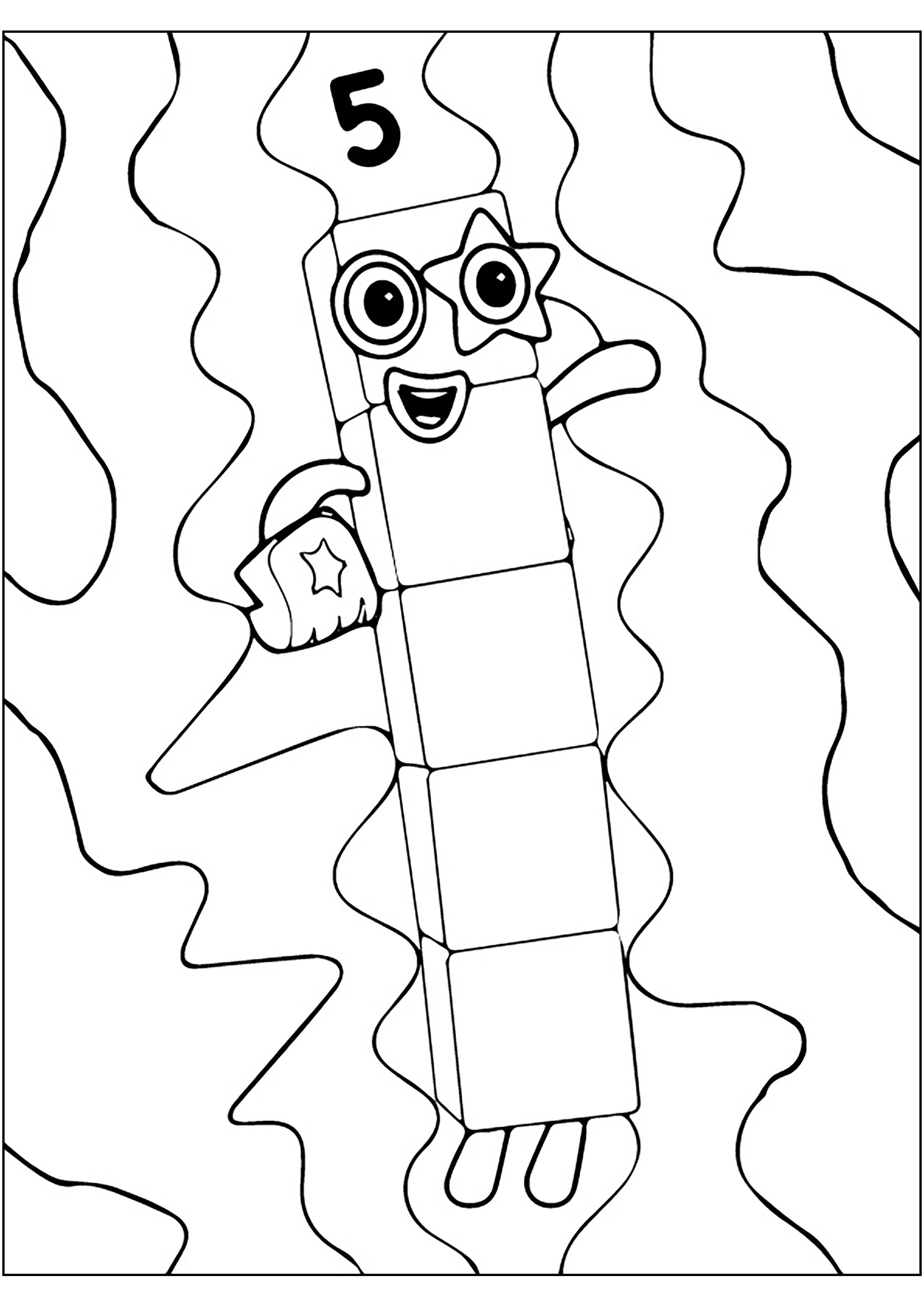 Five with coloring background - Numberblocks Coloring Pages for Kids