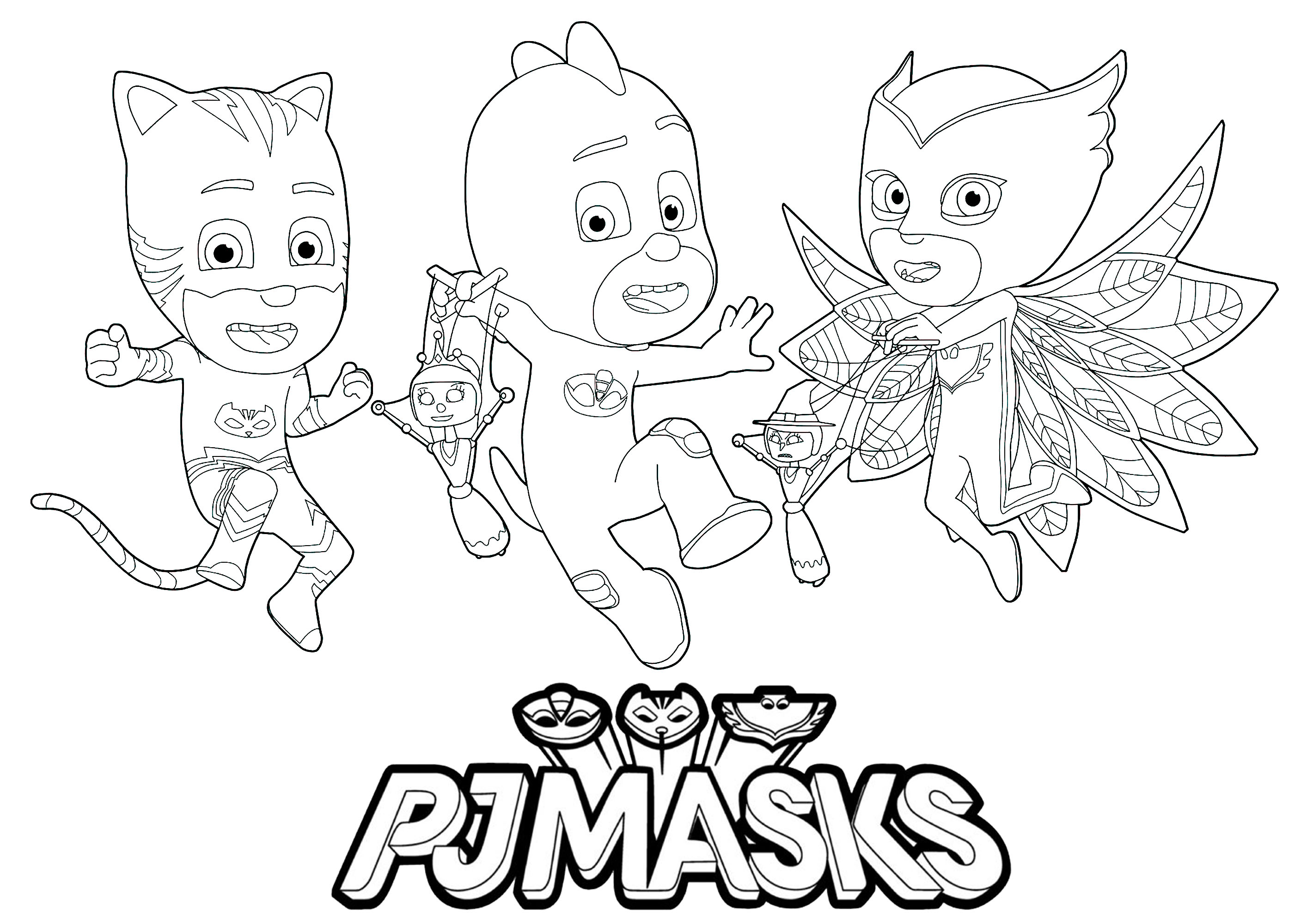 PJ Masks Logo and 3 characters PJ Masks Kids Coloring Pages