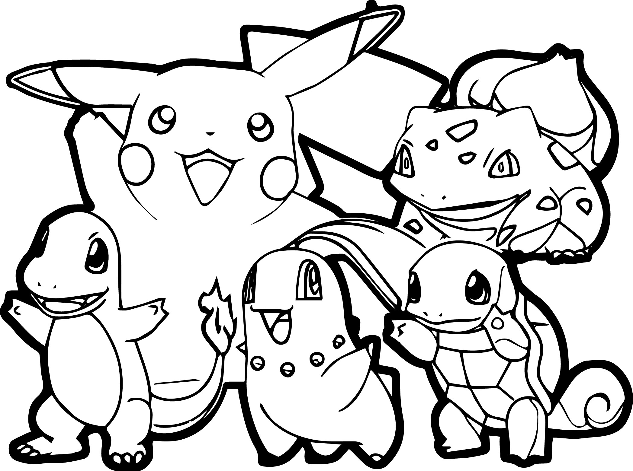 A simple coloring page of Pikachu and his friends, with very thick lines.