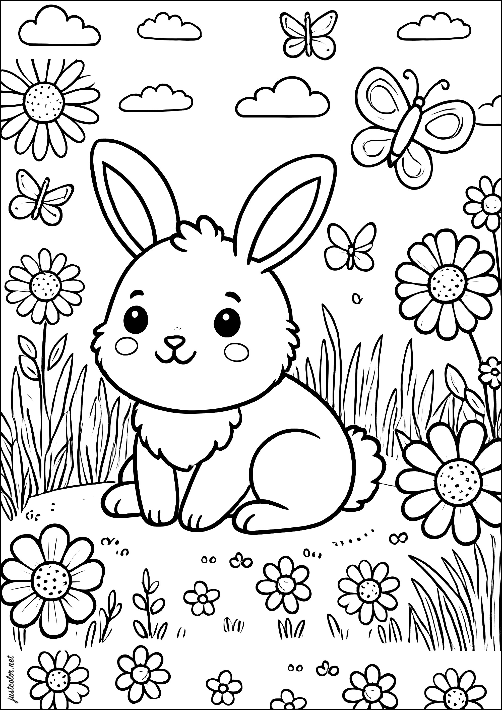 Beautiful little rabbit surrounded by flowers and butterflies - Rabbit ...