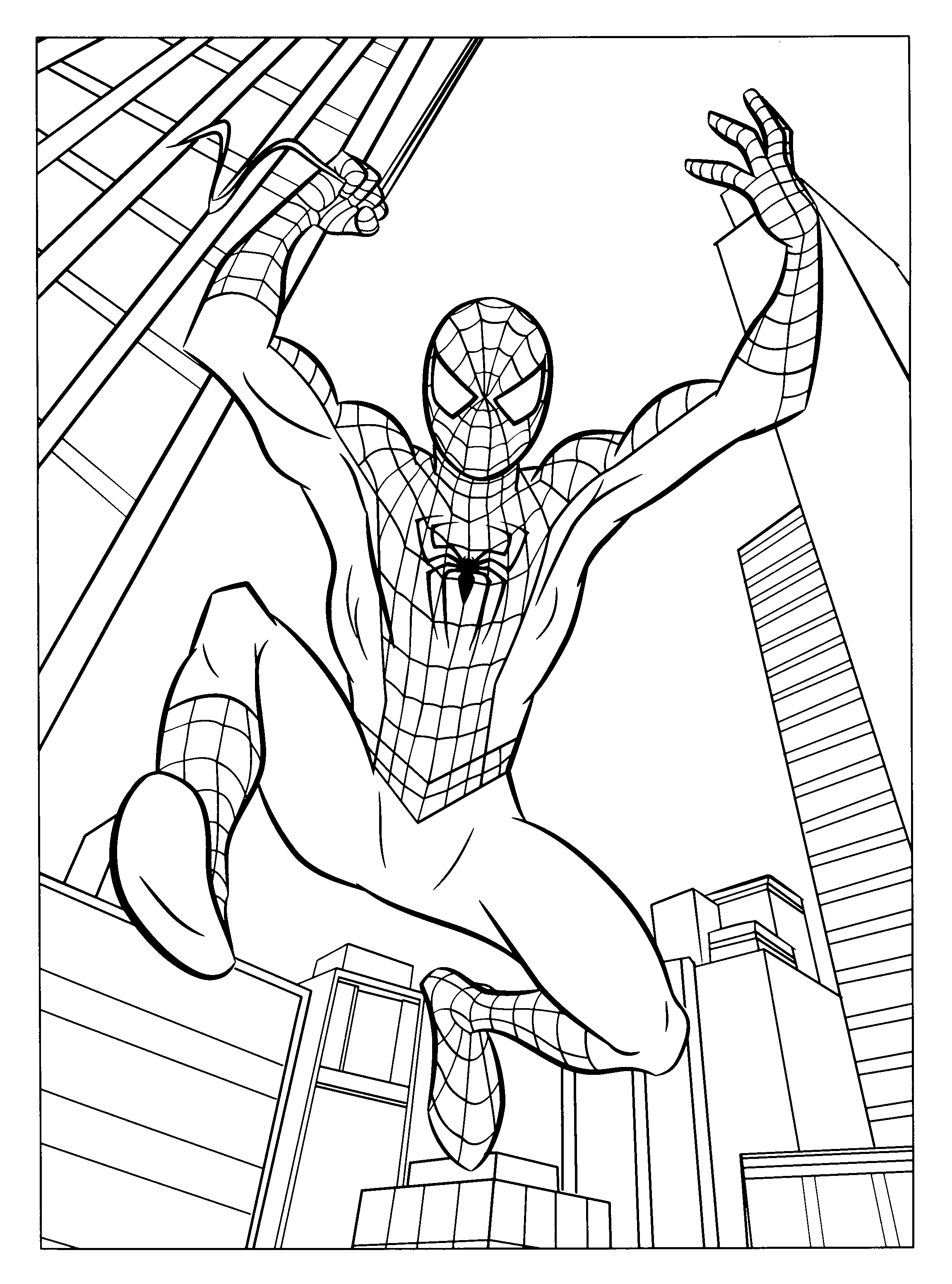 Spider man jumps in the middle of buildings