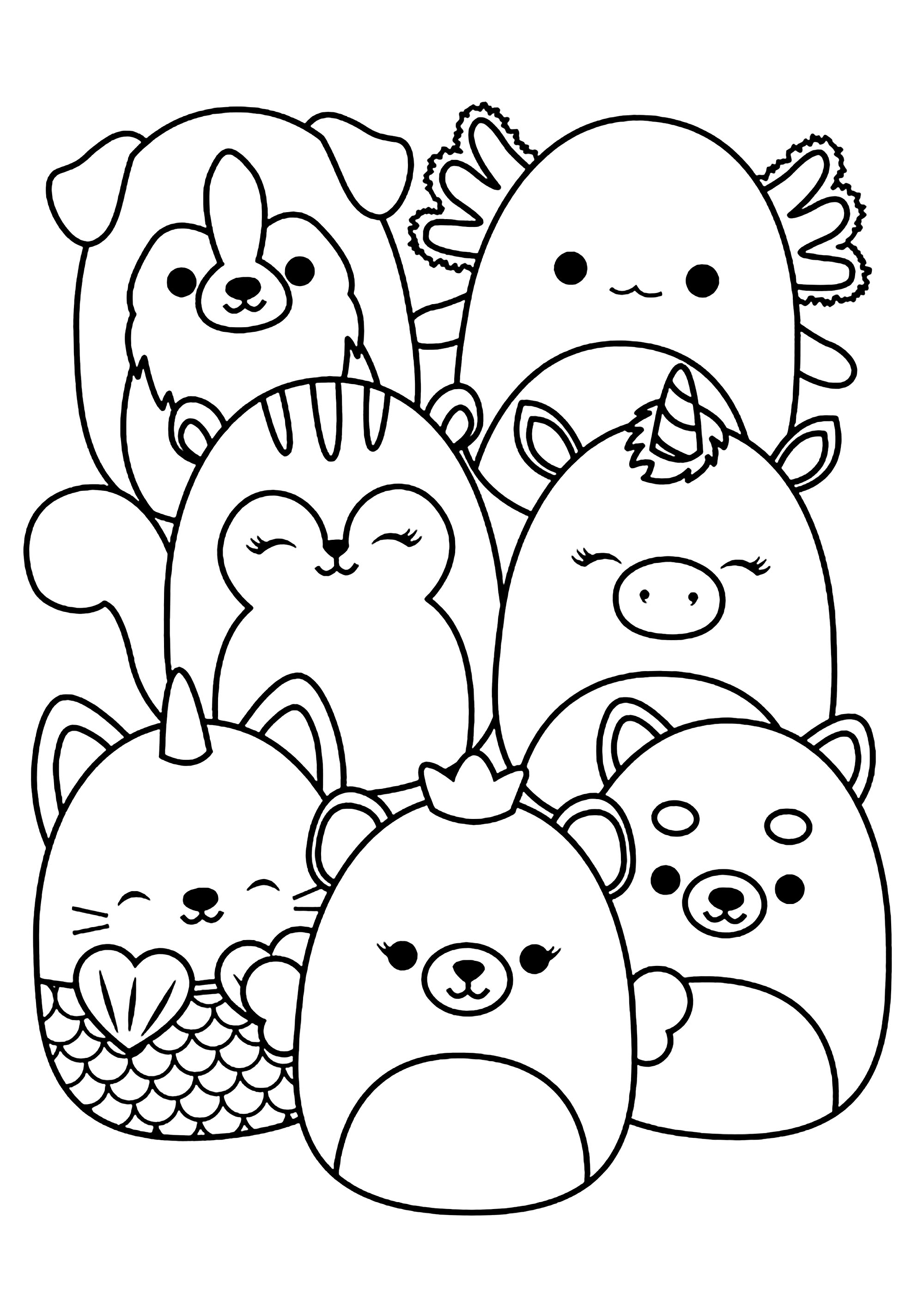 Various Squishmallow characters - Squishmallow Coloring Pages for Kids