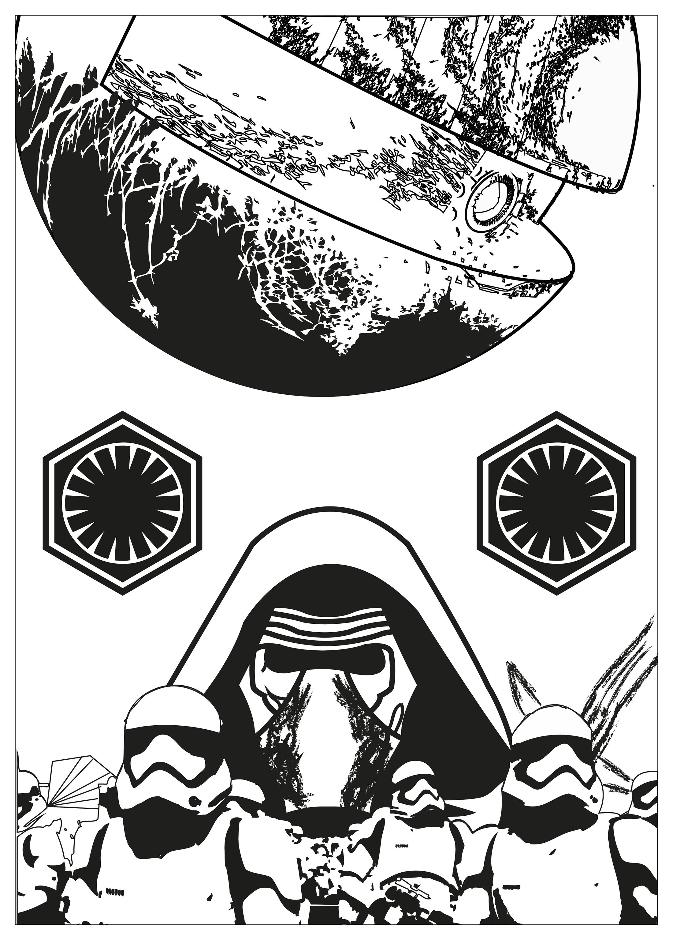 A coloring page inspired by Star Wars, featuring the Black Star, Stormtroopers and the evil Kylo Ren.