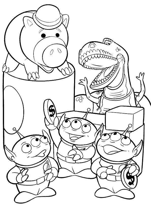 Simple Toy Story coloring page for children : Hamm , Aliens and Rex