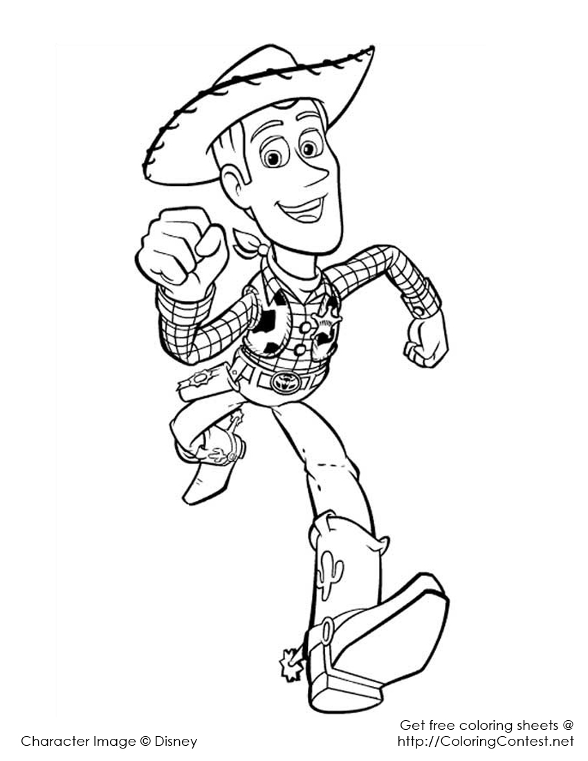 Simple Toy Story coloring page to print and color for free : Woody running