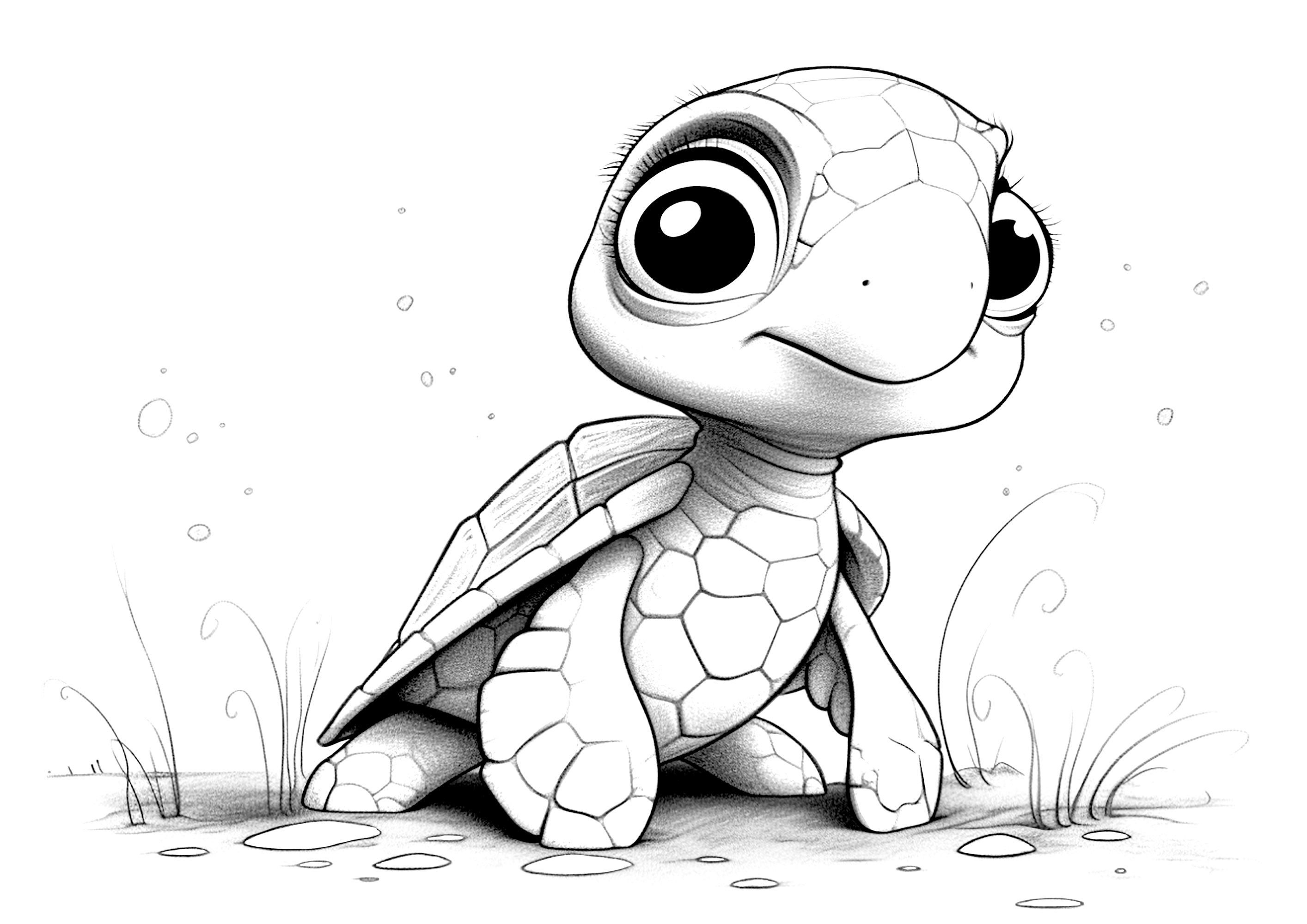 Small turtle. A style mixing pencil drawing and Disney/Pixar-style 3D