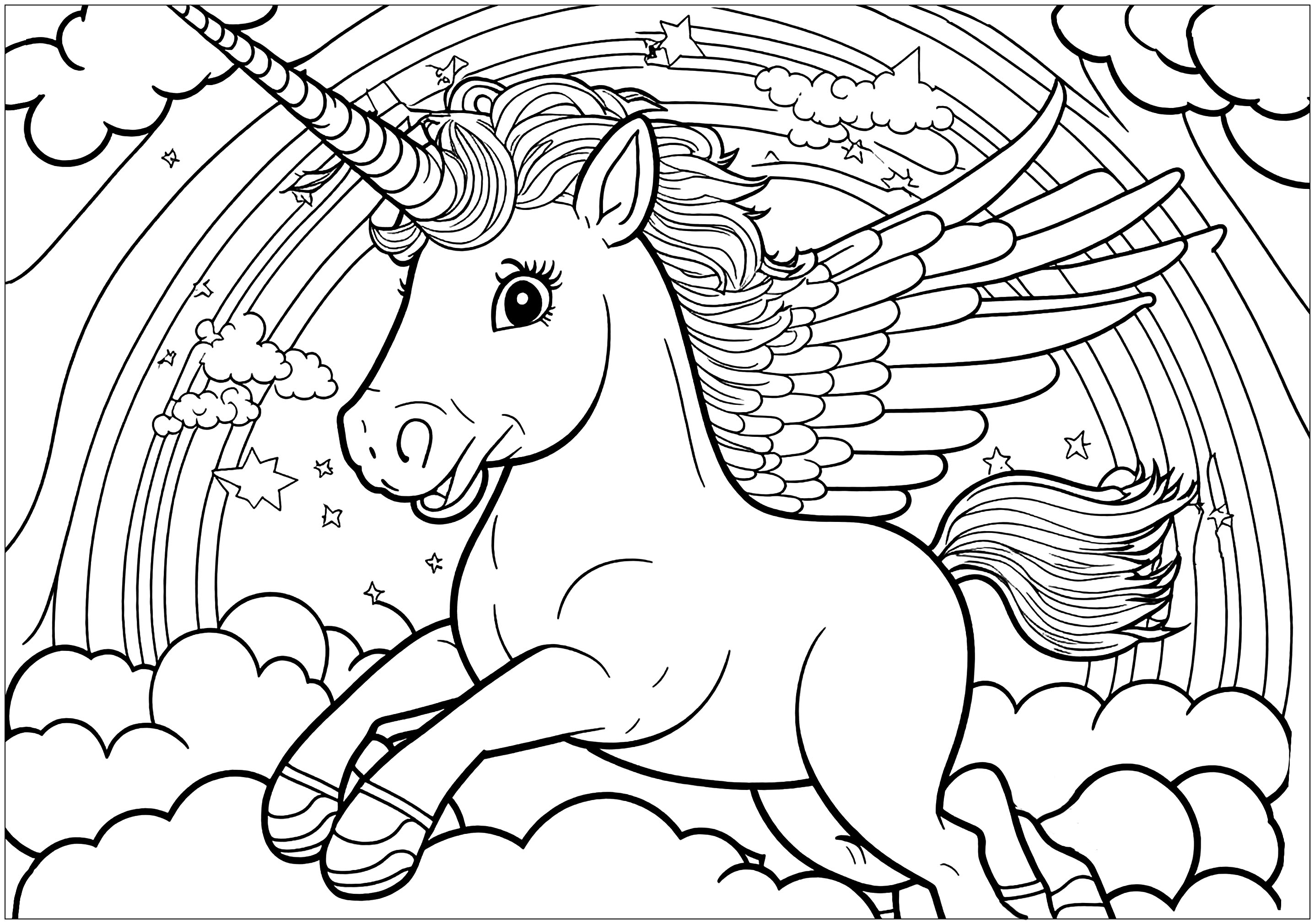 Unicorn in the sky with a rainbow Unicorns Kids Coloring Pages Page