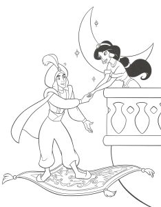 Ausmalbild von zum Ausdrucken und Ausmalen für Kinder : Aladdin auf seinem fliegenden Teppich & Jasmine