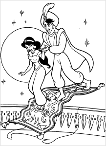 Ausmalbild von zum Ausdrucken und Ausmalen für Kinder : Aladdin und Jasmine, Disney-Figuren.