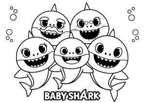 Ausmalbild von zum Ausdrucken und Ausmalen für Kinder : Einfaches Ausmalbild der Baby Shark Familie