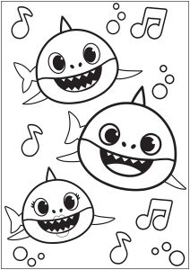 Ausmalbild von zum Ausdrucken und Ausmalen für Kinder : Baby Shark: Drei Haie schwimmen zur Musik.