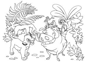 Ausmalbild von Pumba zum Ausdrucken und Ausmalen für Kinder : Timon, Pumbaa und Simba