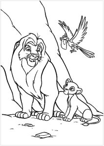 Ausmalbild von zum Ausdrucken und Ausmalen für Kinder : Mufasa und Simba, mit Zazu.