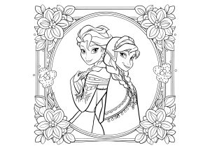 Ausmalbild von zum Ausdrucken und Ausmalen für Kinder : Anna und Elsa in einem blumigen Rahmen.