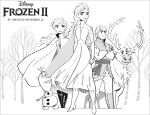 Ausmalbild von zum Ausdrucken und Ausmalen für Kinder : Die Eiskönigin 2: Elsa, Anna, Olaf, Sven, Kristoff (mit Text)