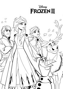 Ausmalbild von zum Ausdrucken und Ausmalen für Kinder : Olaf, Anna, Elsa, Sven und Kristoff.