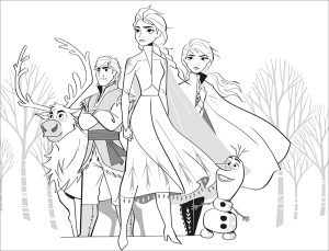 Ausmalbild von zum Ausdrucken und Ausmalen für Kinder : Die Eiskönigin 2: Elsa, Anna, Olaf, Sven, Kristoff (ohne Text).