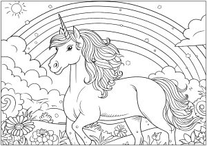 Ausmalbild von zum Ausdrucken und Ausmalen für Kinder : Einhorn mit einem schönen Regenbogen.