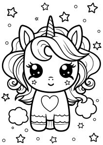 Ausmalbild von zum Ausdrucken und Ausmalen für Kinder : Hübsches kleines Einhorn im Kawaii-Stil