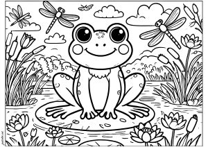 Ausmalbild von Libelle zum Ausdrucken und Ausmalen für Kinder : Hübscher kleiner Frosch auf einer Seerose mit Libellen