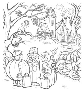 Ausmalbild von Spukhaus zum Ausdrucken und Ausmalen für Kinder : Halloween Coloriage zum kostenlosen Ausdrucken