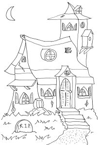 Ausmalbild von Spukhaus zum Ausdrucken und Ausmalen für Kinder : Halloween Coloriage zum kostenlosen Ausdrucken