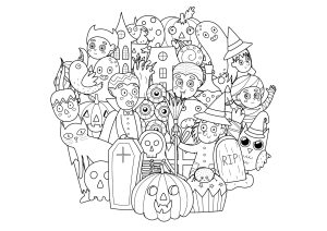 Ausmalbild von Kurbis zum Ausdrucken und Ausmalen für Kinder : Halloween-Doodle mit Figuren