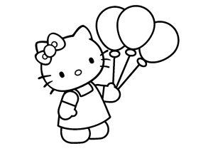 Ausmalbild von Ball zum Ausdrucken und Ausmalen für Kinder : Hallo Kitty mit drei Ballons.