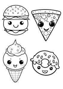 Ausmalbild von zum Ausdrucken und Ausmalen für Kinder : Kawaii-Stil Burger, Pizza, Eis und Donut.