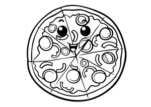 Ausmalbild von zum Ausdrucken und Ausmalen für Kinder : Große Kawaii Pizza