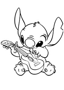 Ausmalbild von zum Ausdrucken und Ausmalen für Kinder : Stitch spielt Gitarre.