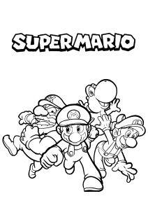 Ausmalbild von zum Ausdrucken und Ausmalen für Kinder : Mario mit Luigi, Wario und Yoshi