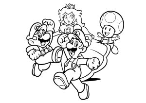 Ausmalbild von zum Ausdrucken und Ausmalen für Kinder : Mario, Luigi, Prinzessin Peach und ihr Freund Toad.