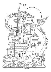 Ausmalbild von Schloss zum Ausdrucken und Ausmalen für Kinder : Schloss und Drache