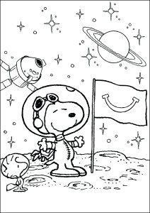 Ausmalbild von zum Ausdrucken und Ausmalen für Kinder : Snoopy der Astronaut entdeckt den Mond mit Woodstock.