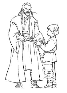 Ausmalbild von zum Ausdrucken und Ausmalen für Kinder : Qui Gon Jinn mit dem jungen Anakin Skywalker.