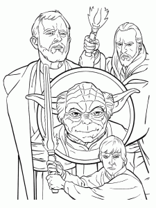 Ausmalbild von zum Ausdrucken und Ausmalen für Kinder : Yoda, Obi Wan, Qui Gon Jinn und Luke Skywalker.