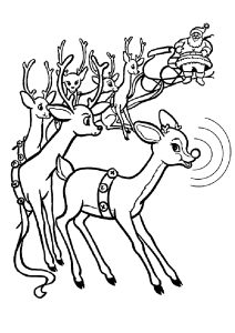 Ausmalbild von Weihnachtsrentier zum Ausdrucken und Ausmalen für Kinder : Rudolph, das rotnasige Rentier und der Schlitten vom Weihnachtsmann.