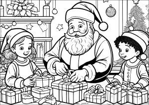 Ausmalbild von Pere Noel zum Ausdrucken und Ausmalen für Kinder : Weihnachtsmann beim Vorbereiten von Geschenken mit zwei Kindern