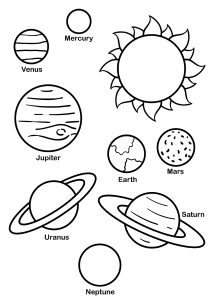 Ausmalbild von zum Ausdrucken und Ausmalen für Kinder : Solarsystem: Die Sonne und die acht Planeten.