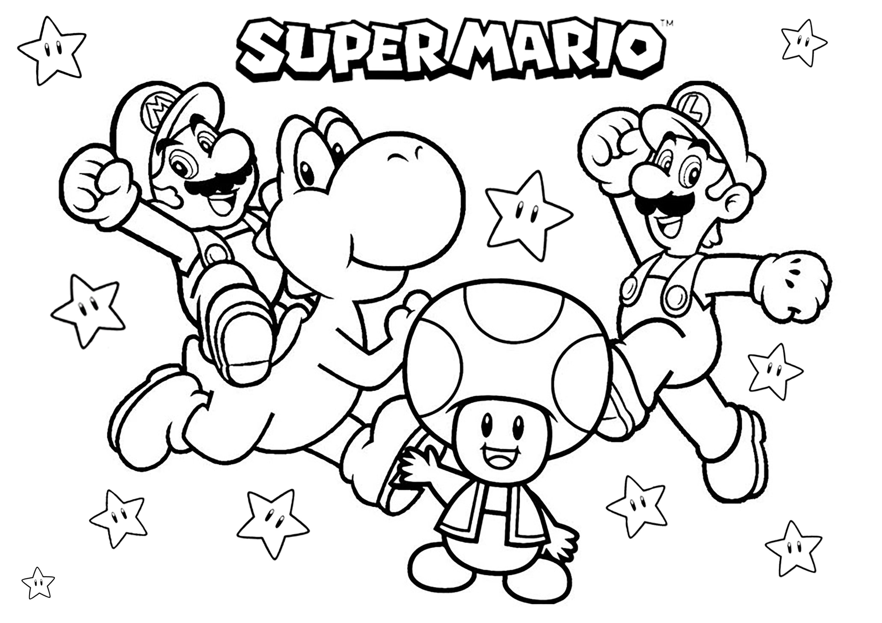Mario, Luigi, Yoshi y Toad con muchas estrellas. Una página para colorear con algunos de los personajes principales de Super Mario Bros: los hermanos Mario y Luigi, el dinosaurio Yoshi y la seta Toad.