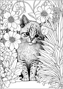 Gato bonito e folhas - Gatos - Coloring Pages for Adults